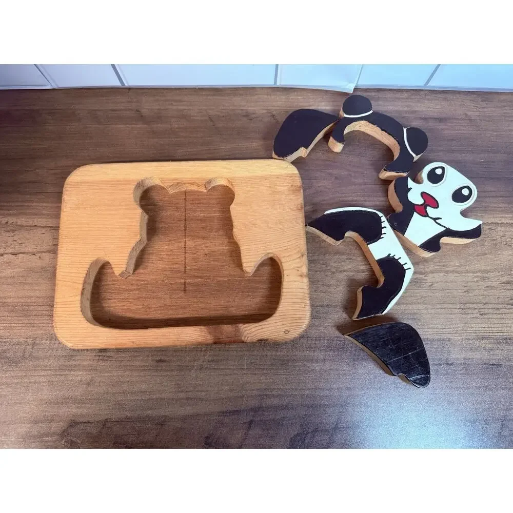 Vintage Handmade Wooden Tray Puzzles Teddy Bear & Panda Folk Art Set
